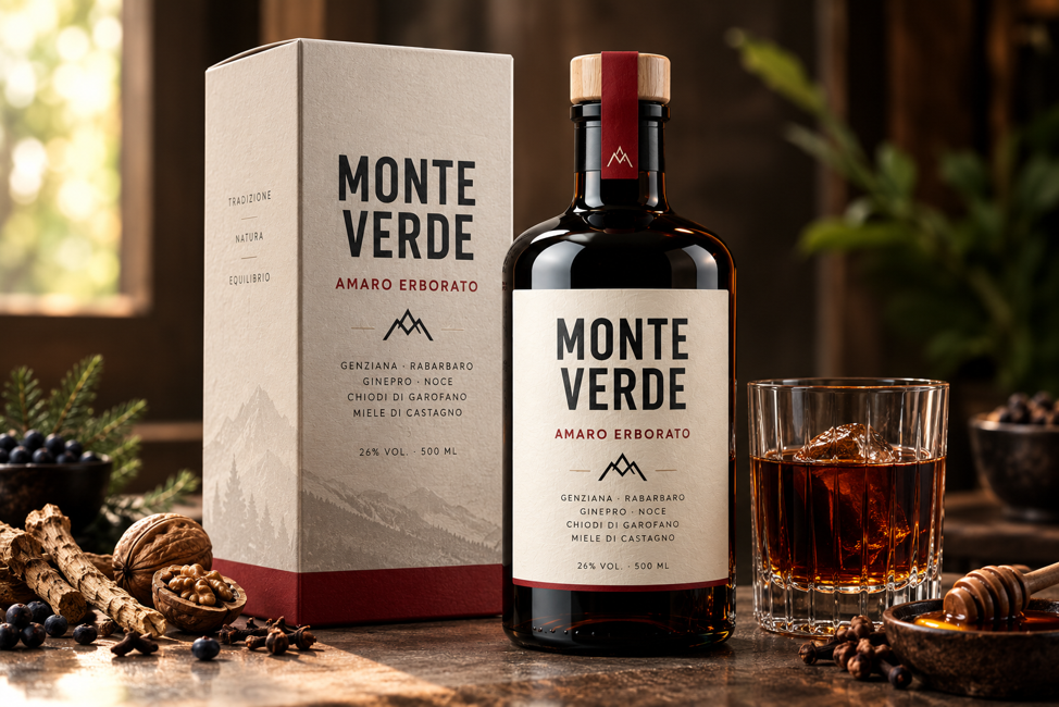 Bottiglia e confezione MONTEVERDE Classico con bicchiere di amaro